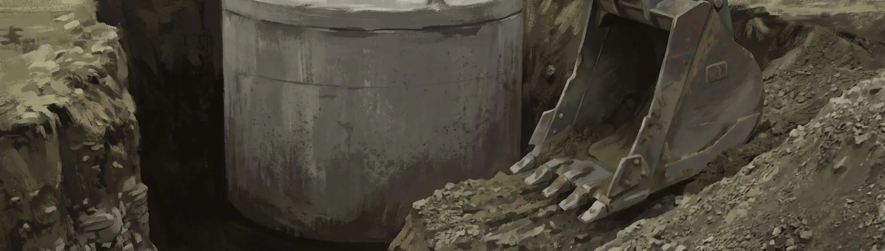 Illustrated below-grade cross-section: an excavator bucket lowering into open soil beside a concrete septic tank set below grade
