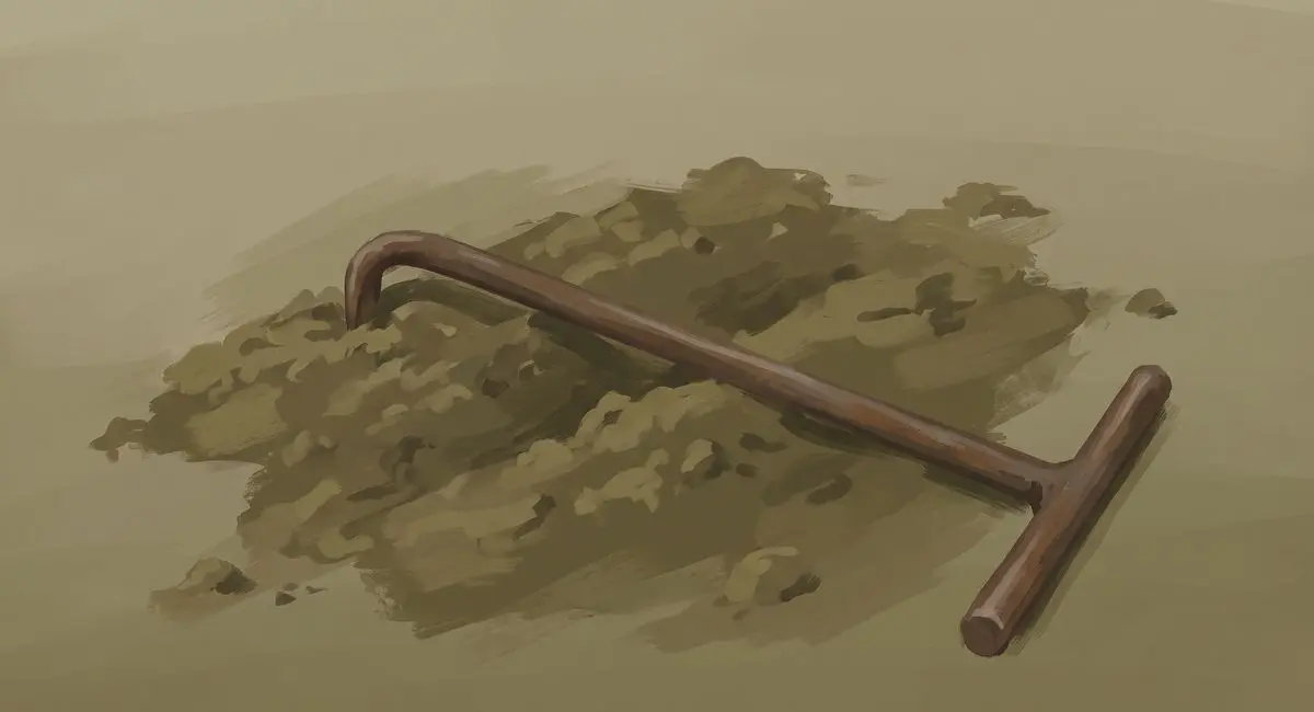 Illustrated close-up of a lid hook resting across a patch of turned earth